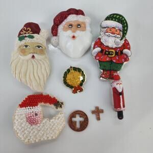 Vintage 6 Christmas Holiday Brooch Lapel Pins Plastic Beaded Santa Face Penny